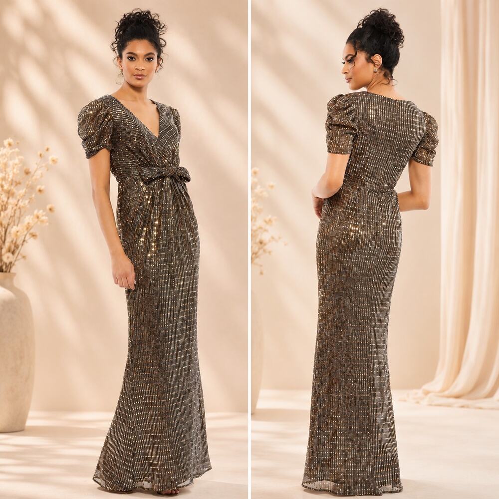 Mac Duggal Long Formal Metallic Maxi Dress Metallic Fabric 26661 Size 4 Bow New